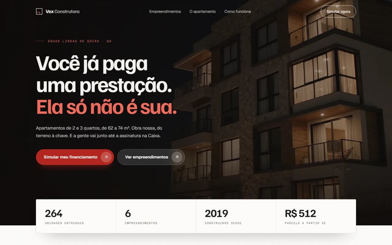 Primeira dobra do site de Vex Construtora