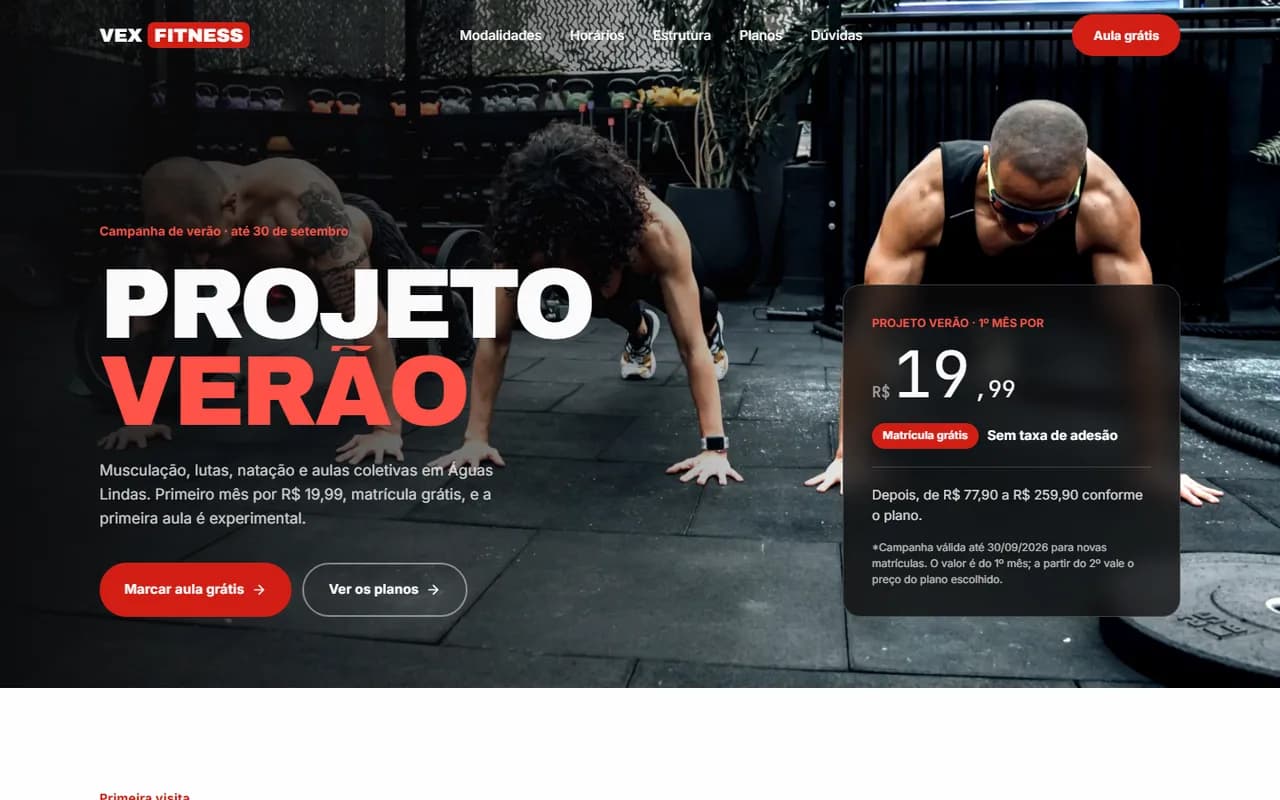 Primeira dobra do site de Vex Fitness