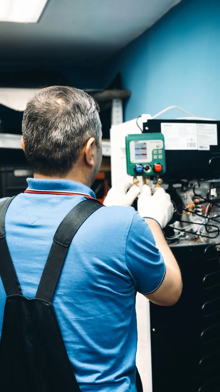 Técnico conectando o manômetro para recarga de gás